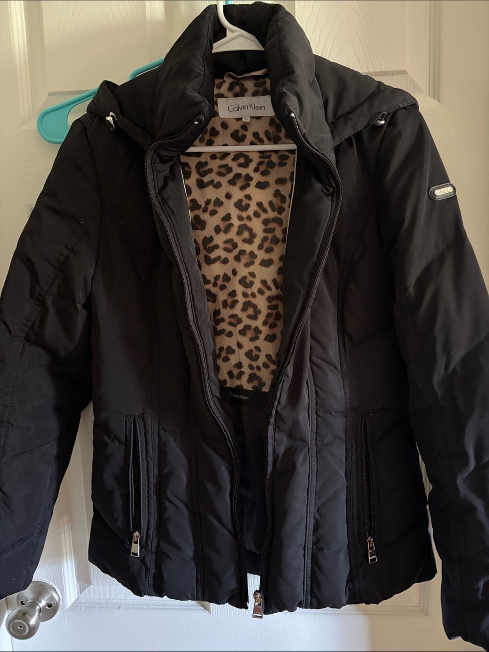 Calvin Klein Black Puffer Jacket with Leopard-Print Lining